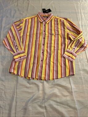 Vintage Casual Striped Button-Down Shirt in Yellow and Pink